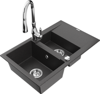 Mexen Gaspar 1.5-compartment granite sink with a drip tray and kitchen mixer tap Savita, spotted black - 6507-76-672601-00