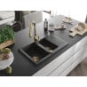 Mexen Gaspar granite sink 1.5-bowl with drainer and Savita kitchen tap, black speckled - 6507-76-672601-50