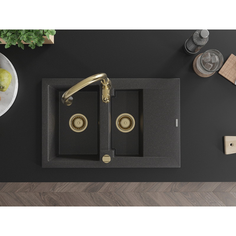 Mexen Gaspar 1.5-bowl granite sink with drainer and Savita kitchen faucet, black speckled - 6507-76-672601-50