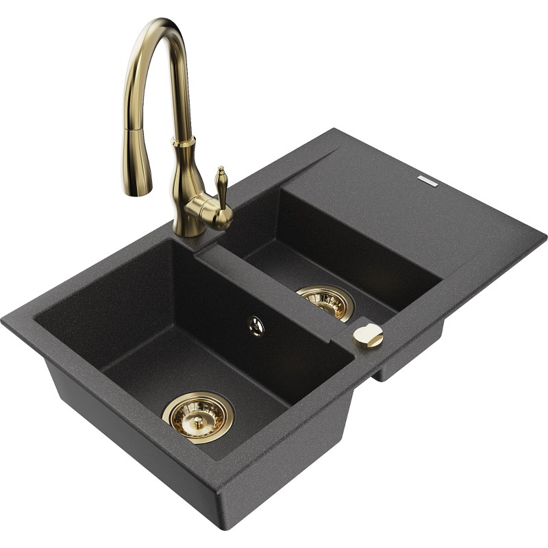 Mexen Gaspar granite sink 1.5-bowl with drainer and kitchen faucet Savita, black speckled - 6507-76-672601-50