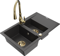 Mexen Gaspar granite sink 1.5-bowl with drainer and kitchen faucet Savita, black speckled - 6507-76-672601-50