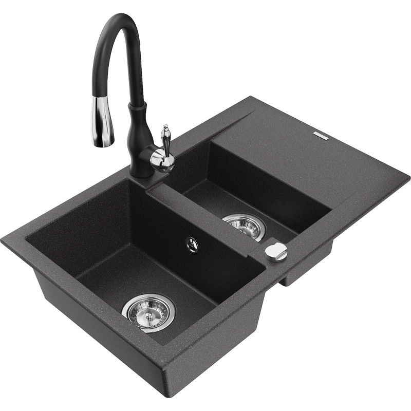 Mexen Gaspar 1.5-bowl granite kitchen sink with drainer and Savita kitchen faucet, speckled black - 6507-76-672601-70