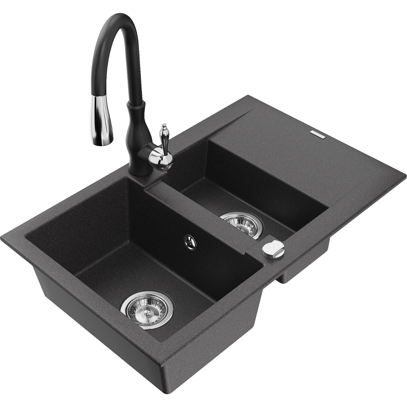 Mexen Gaspar 1.5-compartment granite sink with a drip tray and kitchen mixer tap Savita, spotted black - 6507-76-672601-70