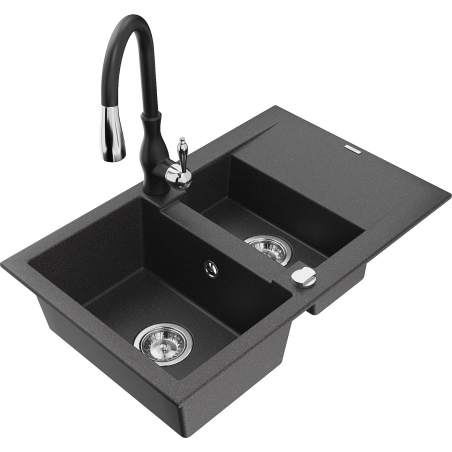Mexen Gaspar 1.5-compartment granite sink with a drip tray and kitchen mixer tap Savita, spotted black - 6507-76-672601-70
