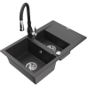 Mexen Gaspar 1.5-bowl granite kitchen sink with drainer and Savita kitchen faucet, speckled black - 6507-76-672601-70