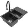 Mexen Gaspar 1.5-compartment granite sink with a drip tray and kitchen mixer tap Savita, spotted black - 6507-76-672601-70