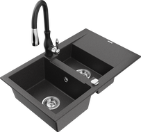Mexen Gaspar 1.5-compartment granite sink with a drip tray and kitchen mixer tap Savita, spotted black - 6507-76-672601-70