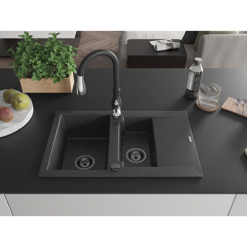 Mexen Gaspar granite sink 1.5-bowl with drainer and Savita kitchen faucet, speckled black - 6507-76-672601-70-B