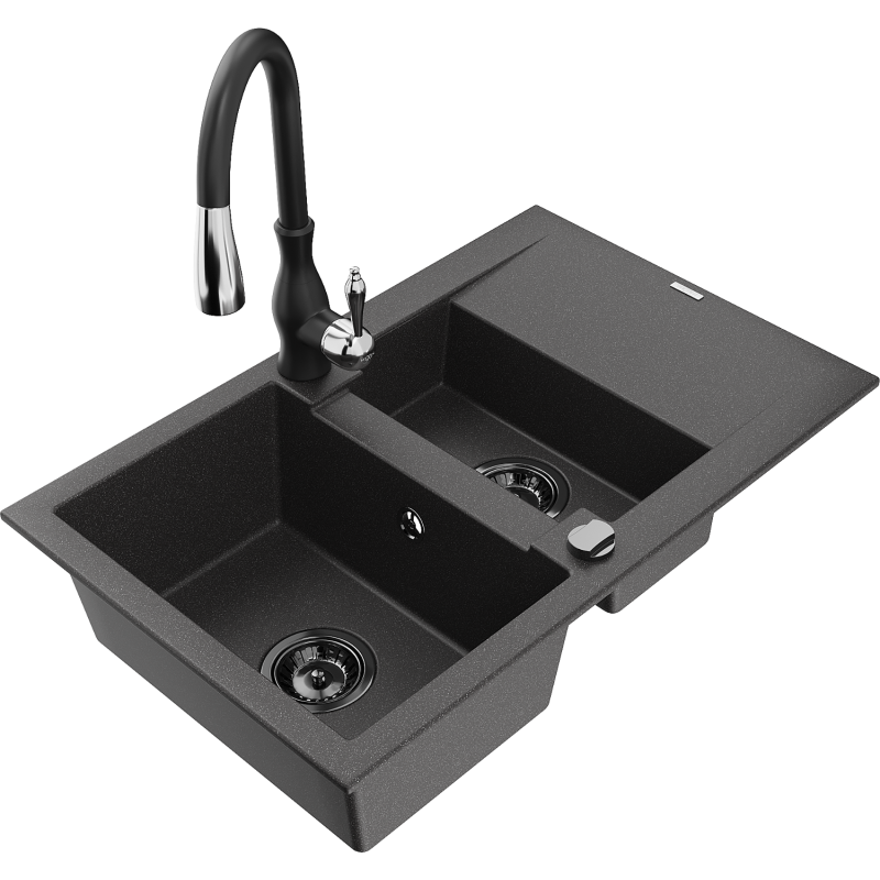 Mexen Gaspar 1.5-compartment granite sink with a drip tray and kitchen mixer tap Savita, spotted black - 6507-76-672601-70-B