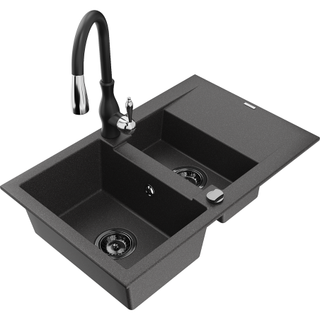 Mexen Gaspar 1.5-compartment granite sink with a drip tray and kitchen mixer tap Savita, spotted black - 6507-76-672601-70-B
