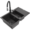 Mexen Gaspar granite sink 1.5-bowl with drainer and Savita kitchen faucet, black speckled - 6507-76-672601-70-B