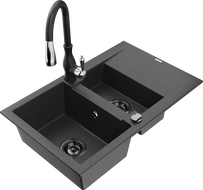 Mexen Gaspar granite sink 1.5-bowl with drainer and Savita kitchen faucet, black speckled - 6507-76-672601-70-B