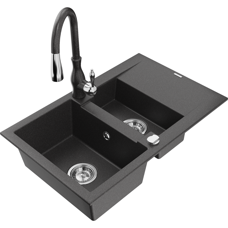 Mexen Gaspar 1.5-compartment granite sink with a drip tray and kitchen mixer tap Savita, spotted black - 6507-76-672601-76