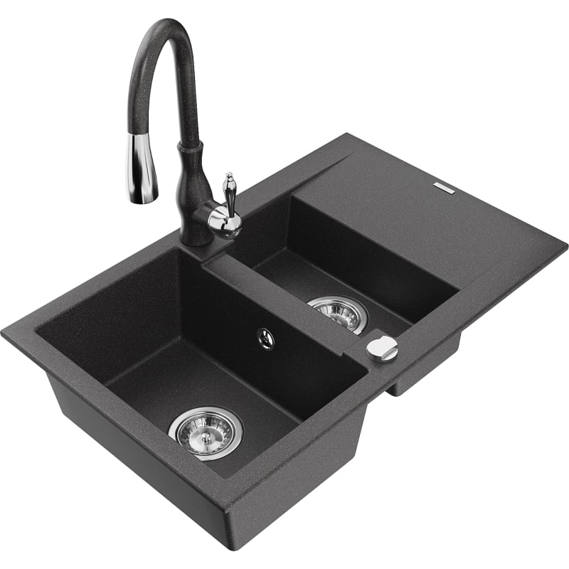 Mexen Gaspar granite sink 1.5-bowl with drainer and Savita kitchen faucet, black speckled - 6507-76-672601-76