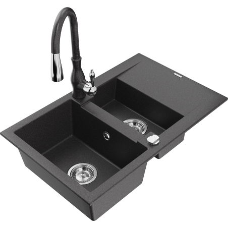 Mexen Gaspar 1.5-compartment granite sink with a drip tray and kitchen mixer tap Savita, spotted black - 6507-76-672601-76