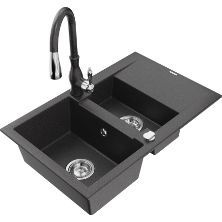 Mexen Gaspar granite sink 1.5-bowl with drainer and Savita kitchen faucet, black speckled - 6507-76-672601-76