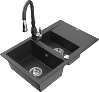 Mexen Gaspar granite sink 1.5-bowl with drainer and Savita kitchen faucet, black speckled - 6507-76-672601-76