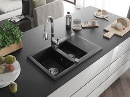 Mexen Gaspar 1.5-compartment granite sink with a drip tray and kitchen mixer tap Savita, Black - 6507-77-672601-00