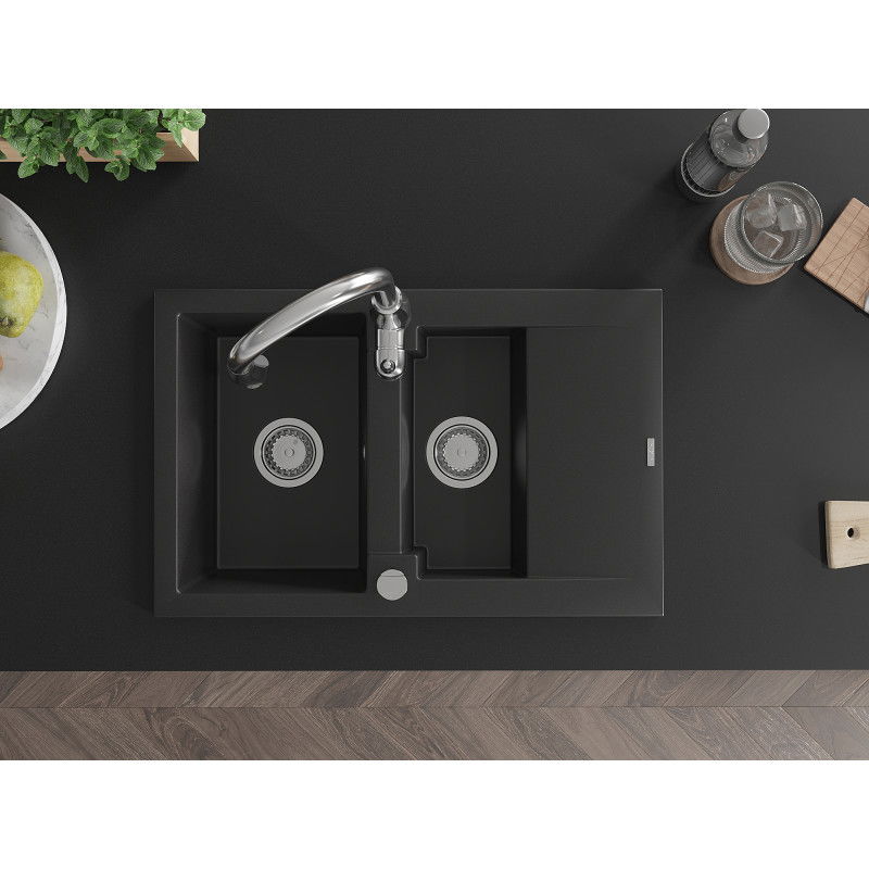 Mexen Gaspar granite sink 1.5-bowl with drainer and Savita kitchen tap, black - 6507-77-672601-00