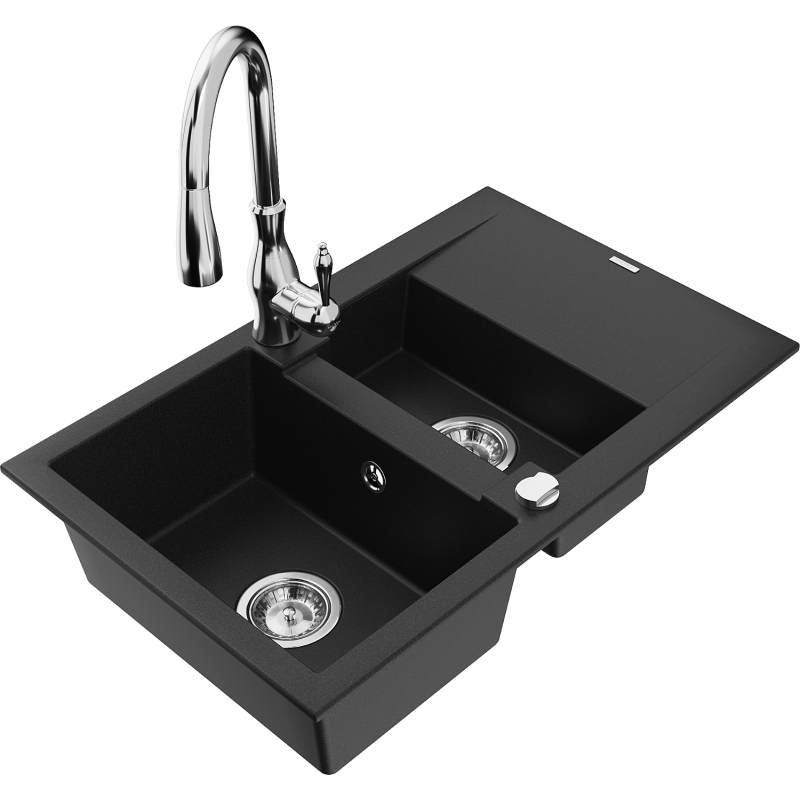 Mexen Gaspar 1.5-compartment granite sink with a drip tray and kitchen mixer tap Savita, Black - 6507-77-672601-00