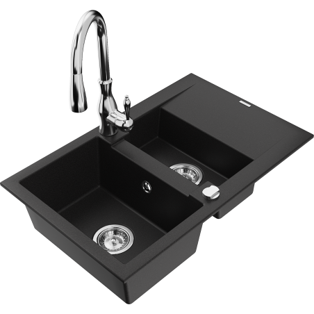 Mexen Gaspar 1.5-bowl granite sink with drainer and Savita kitchen faucet, black - 6507-77-672601-00