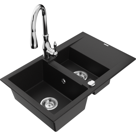 Mexen Gaspar 1.5-compartment granite sink with a drip tray and kitchen mixer tap Savita, Black - 6507-77-672601-00