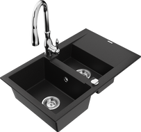 Mexen Gaspar 1.5-compartment granite sink with a drip tray and kitchen mixer tap Savita, Black - 6507-77-672601-00