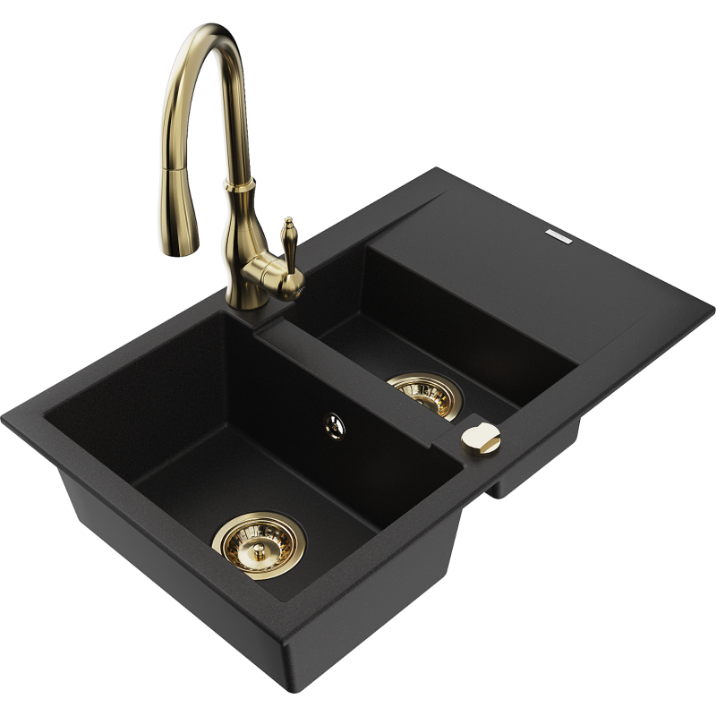 Mexen Gaspar 1.5-compartment granite sink with a drip tray and kitchen mixer tap Savita, Black - 6507-77-672601-50