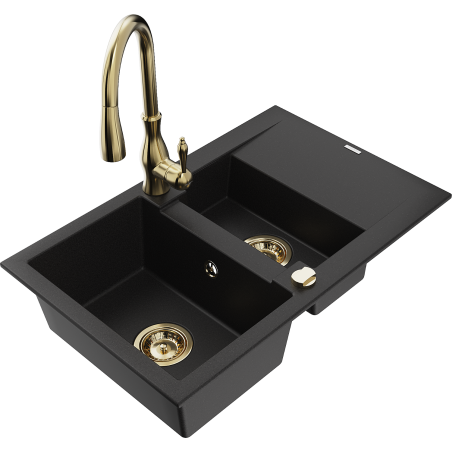 Mexen Gaspar granit sink 1.5-bowl with drainer and Savita kitchen faucet, black - 6507-77-672601-50