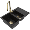 Mexen Gaspar granite sink 1.5-bowl with drainer and Savita kitchen faucet, black - 6507-77-672601-50