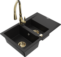 Mexen Gaspar 1.5-compartment granite sink with a drip tray and kitchen mixer tap Savita, Black - 6507-77-672601-50