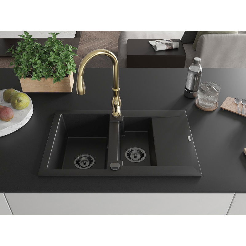 Mexen Gaspar granite sink 1.5-bowl with drainer and Savita kitchen tap, black - 6507-77-672601-50-B