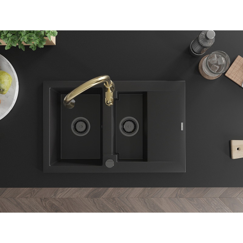 Mexen Gaspar granite kitchen sink 1.5-bowl with drainer and Savita kitchen faucet, black - 6507-77-672601-50-B