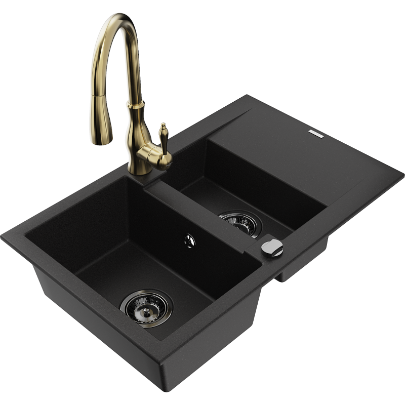 Mexen Gaspar 1.5-compartment granite sink with a drip tray and kitchen mixer tap Savita, Black - 6507-77-672601-50-B