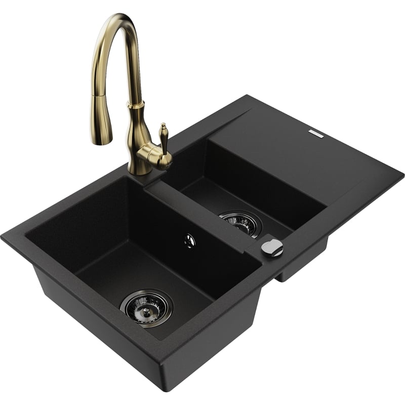 Mexen Gaspar granite kitchen sink 1.5-bowl with drainer and Savita kitchen faucet, black - 6507-77-672601-50-B