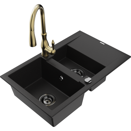 Mexen Gaspar granite kitchen sink 1.5-bowl with drainer and Savita kitchen faucet, black - 6507-77-672601-50-B