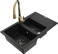 Mexen Gaspar 1.5-compartment granite sink with a drip tray and kitchen mixer tap Savita, Black - 6507-77-672601-50-B