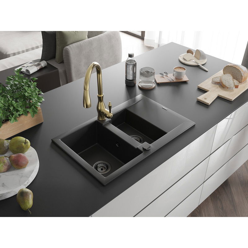 Mexen Gaspar granite sink 1.5-bowl with drainer and Savita kitchen tap, black - 6507-77-672601-50-B