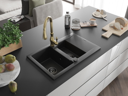 Mexen Gaspar granite kitchen sink 1.5-bowl with drainer and Savita kitchen faucet, black - 6507-77-672601-50-B