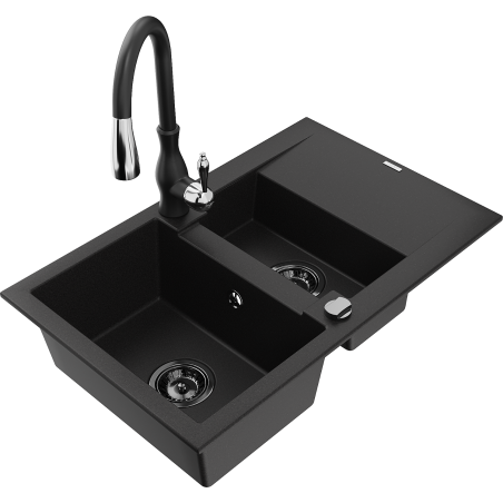 Mexen Gaspar 1.5-compartment granite sink with a drip tray and kitchen mixer tap Savita, Black - 6507-77-672601-70-B
