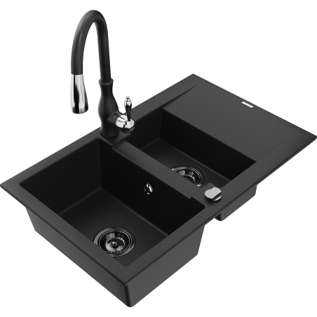 Mexen Gaspar granite sink 1.5-bowl with drainer and Savita kitchen faucet, black - 6507-77-672601-70-B