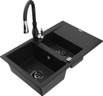 Mexen Gaspar 1.5-compartment granite sink with a drip tray and kitchen mixer tap Savita, Black - 6507-77-672601-70-B