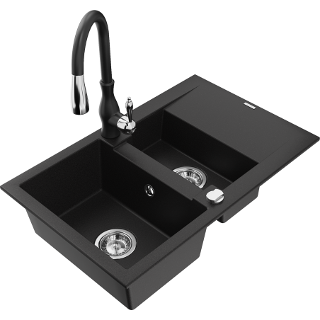 Mexen Gaspar 1.5-compartment granite sink with a drip tray and kitchen mixer tap Savita, Black - 6507-77-672601-70