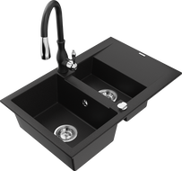 Mexen Gaspar 1.5-compartment granite sink with a drip tray and kitchen mixer tap Savita, Black - 6507-77-672601-70