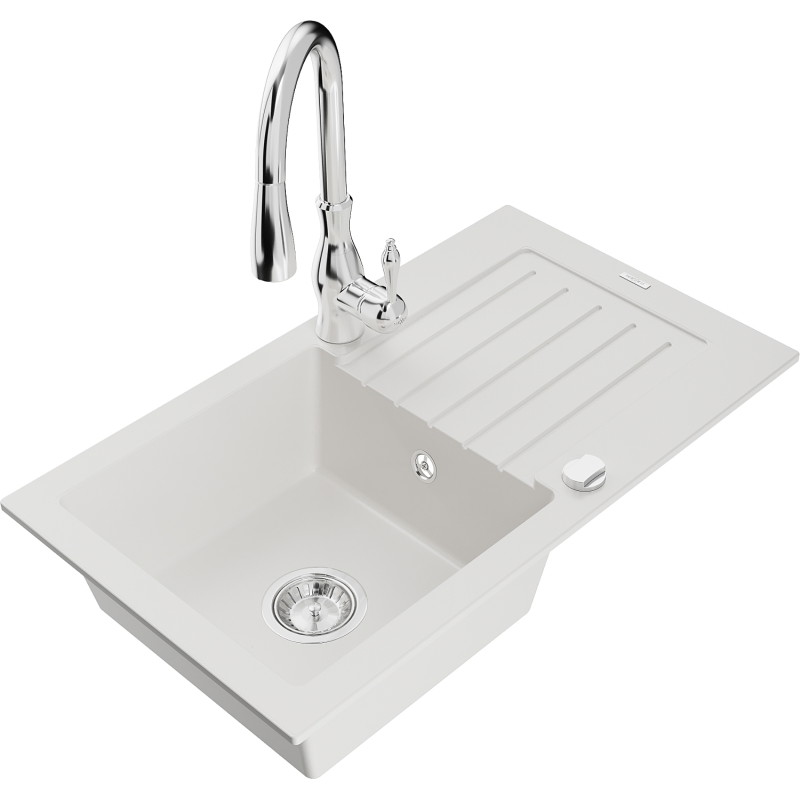 Mexen Pablo granite sink with one basin, drainer, and Savita kitchen faucet, white - 6510-20-672601-00