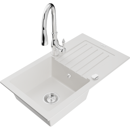 Mexen Pablo 1-compartment granite sink with a drip tray and kitchen mixer tap Savita, White - 6510-20-672601-00
