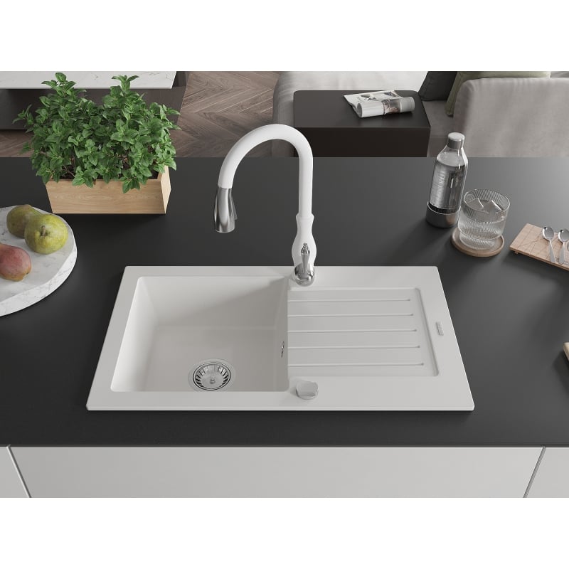 Mexen Pablo single-bowl granite sink with drainer and Savita kitchen faucet, white - 6510-20-672601-20