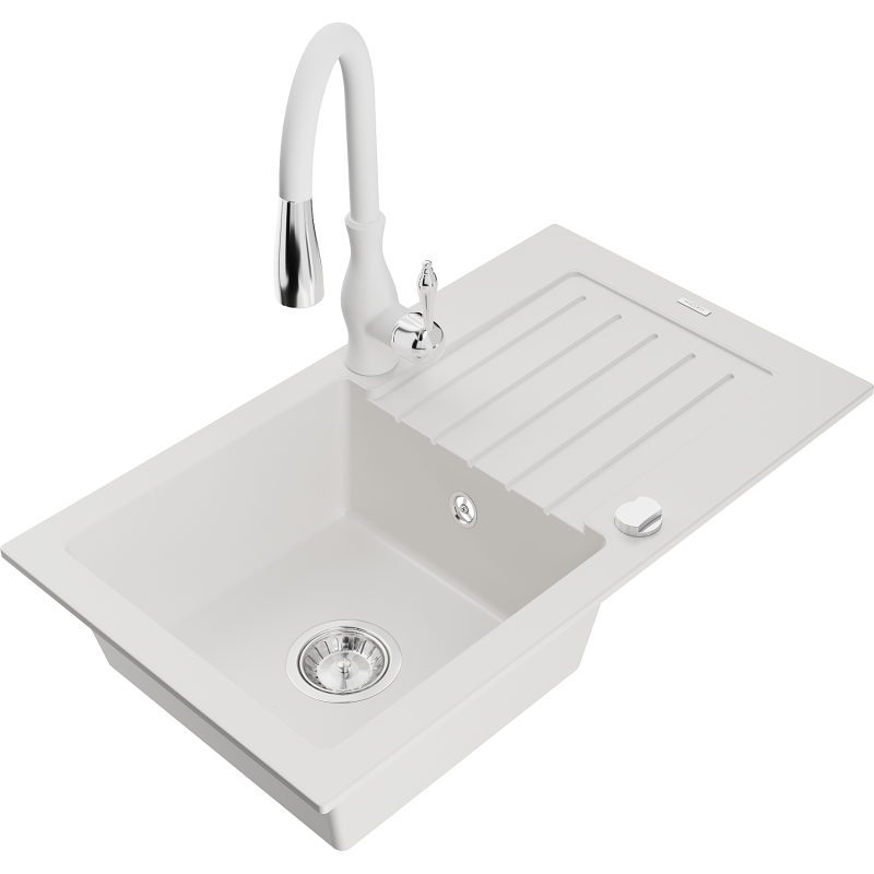 Mexen Pablo 1-bowl Granite Kitchen Sink with Drainer and Savita Kitchen Tap, White - 6510-20-672601-20