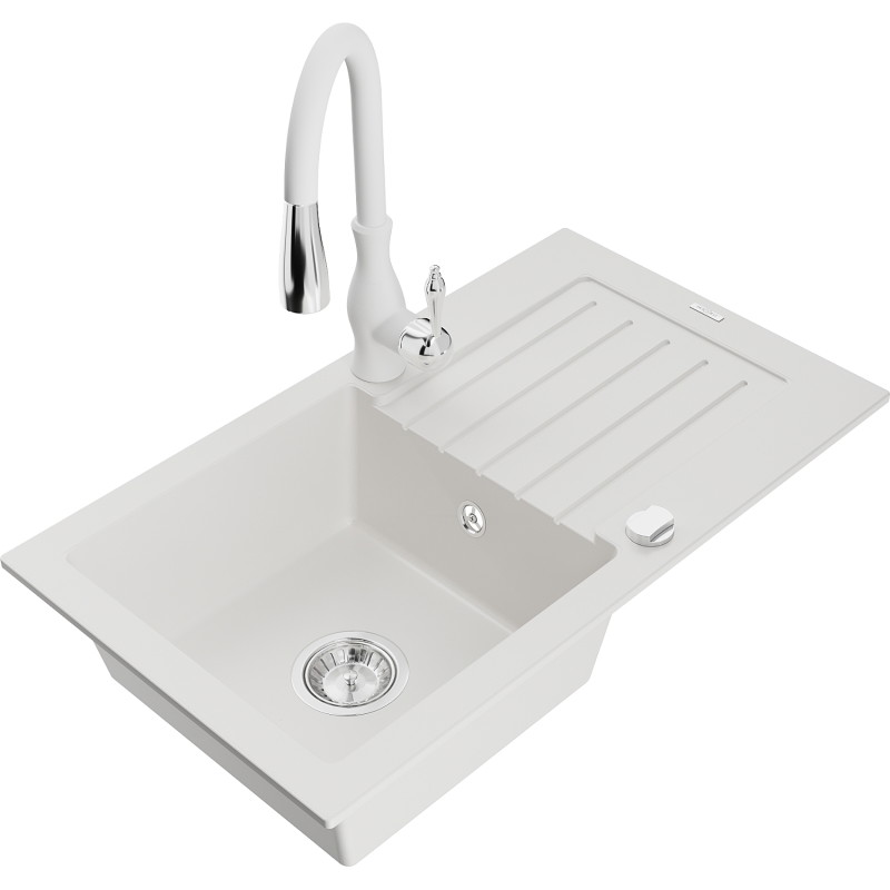 Mexen Pablo single-bowl granite sink with drainer and Savita kitchen faucet, white - 6510-20-672601-20