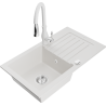 Mexen Pablo 1-bowl granite sink with drainer and Savita kitchen faucet, white - 6510-20-672601-20